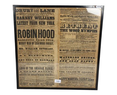 Framed monochrome theatre posters, Theatre Royal Drury Lane, 1859, etc, H51cm 