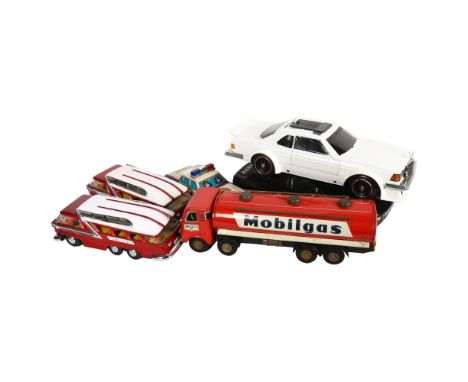 A 1960s tinplate Mobiloil Mobilgas tanker truck, L39cm, 2 similar Vintage battery-operated tin toy buses, a Vintage Japanese 