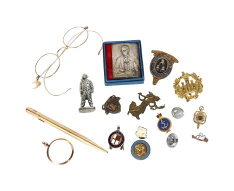 Cased Imperial Service medal, military and civilian badge and buttons, spectacles and pencil 