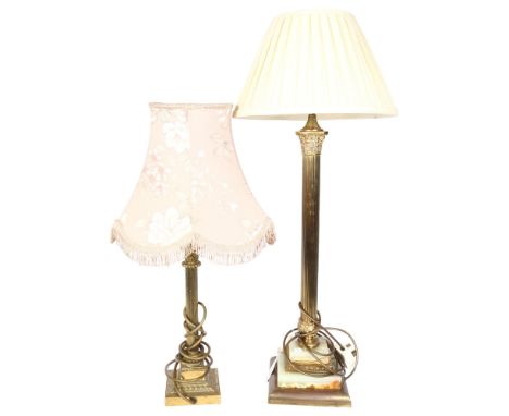 A gilt-metal and onyx table lamp and shaded, 74cm, and a similar Classical design gilt-brass table lamp and shade 