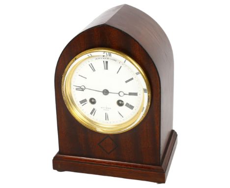 Henry Marc Paris, an early 20th century arch-top mahogany mantel clock, 8-day movement, with pendulum and key, H22cm, serial 