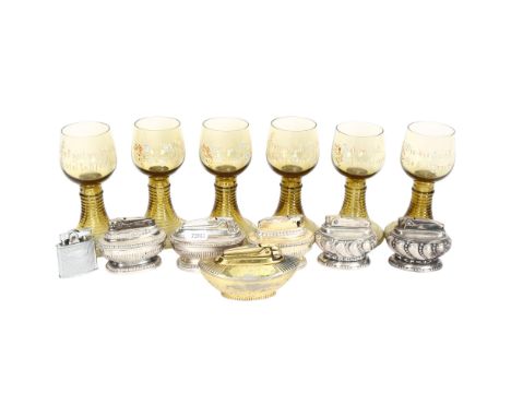 A set of 6 German green glass rummers with inscriptions, height 14.5cm, 6 table lighters and a pocket lighter 