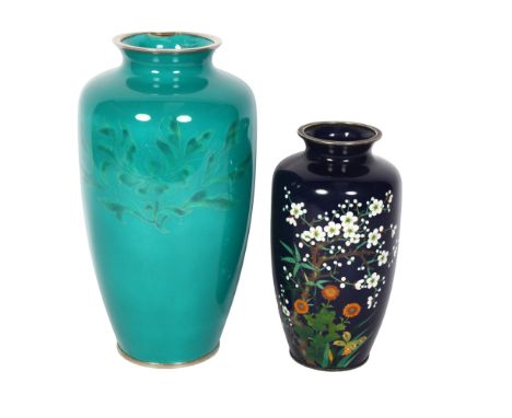 Japanese cloisonne enamel dark blue ground vase, height 18cm, and a turquoise ground cloisonne enamel vase, height 25cm (2)Da