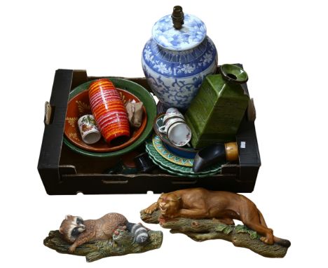 Bosson animal ornaments, Oriental blue and white lamp, green Majolica plates, Studio vase etc 