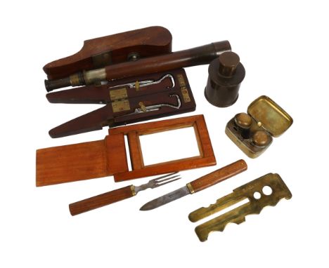 Military interest - 2 Antique book jacks, 1 with a pair of boot pulls, telescope, travel mirror, copper tea caddy, H9.5cm, tr