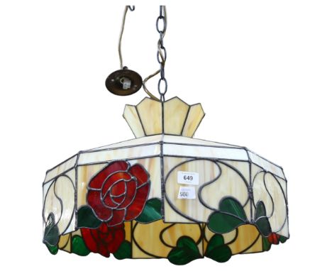 A Tiffany style lead and coloured glass ceiling light shade, with red rose decoration, diameter 44cm 