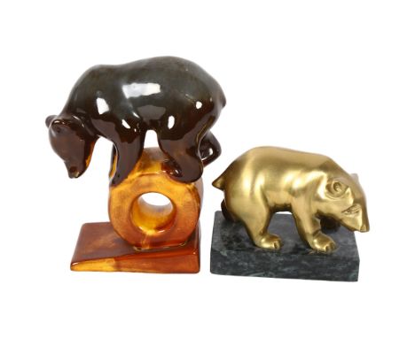 A Russian Konakovo Majolica bear with 3NK mark to the base, H14cm, and a bronze bear desk weight on marble stand, W10cm (2) 