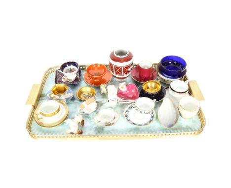 A tray with cabinet cups and saucers, including Rosenthal, and Dresden, dog figures, lacquer bowl, etc 