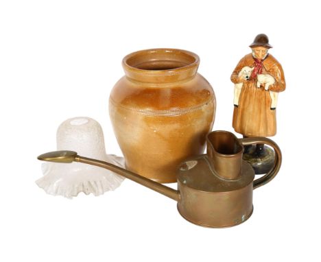 Royal Doulton shepherd figure "lambing time", lamp shade, stone jar, and a Haws watering can 