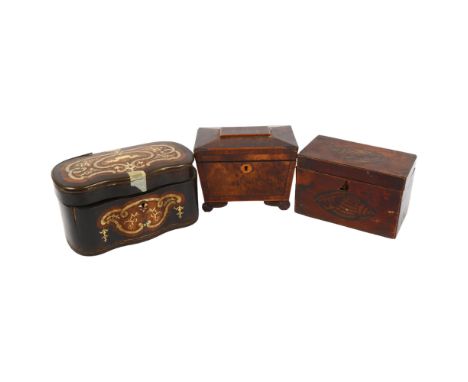2 x 18th century mahogany tea caddies, and an 18th century serpentine-front rosewood tea caddy (all A/F) (3) 