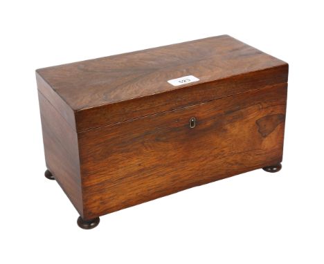 A 19th century rosewood tea caddy on bun feet, W31cmGood overall condition although there are some splits through the panels 