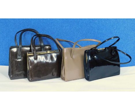 Four lady's vintage handbags, to include two deep brown leather bags, one tan leather bag and a black patent leather bag, (4)
