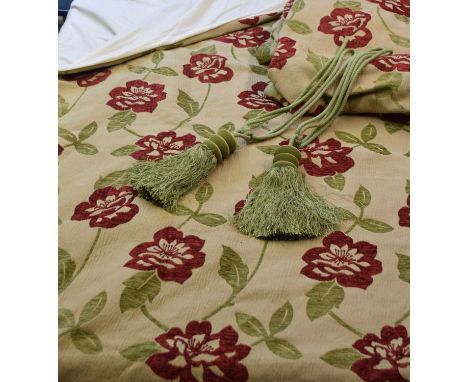 A pair of beige with red and green velour pattern curtains, lined, each approx. 223cm wide by 223cm long