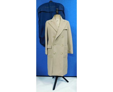 A lady's Ralph Lauren double breasted camel coloured wool coat with front patch pockets, turned cuffs, satin lining together 