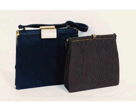 Two mid 20th Century bags, both by Cordé, one black fabric covered bag with brass hardware, faux mother of pearl clasp and si