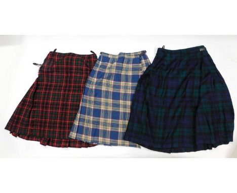 Three kilts: two by Pitlochry and another by The Scotch House, (3)red kilt - no name, no size, approx. 38" waist x 30" longgr