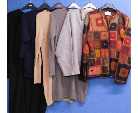 Six assorted jumpers to include a black cashmere sweater dress, size S, a camel coloured and a grey three quarter button back