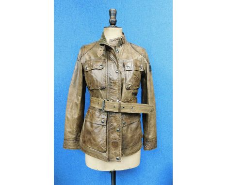 A lady's brown Belstaff Trailmaster Panther waxed leather jacket with zip front and popper fastening, front and breast patch 