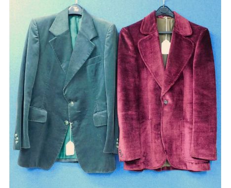 Two 1960's tailor made gentlemens velvet jackets, one green single breasted two button jacket with flap pockets with green li