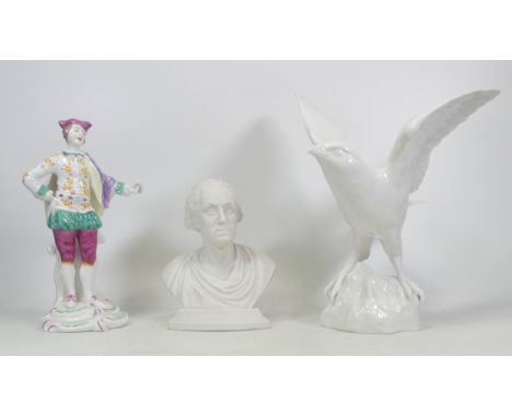 A Mixed Selection including Spode Parian Bust of George Washington, Chelsea Figures No.1 also a Unmarked Gloss White Bird Of 