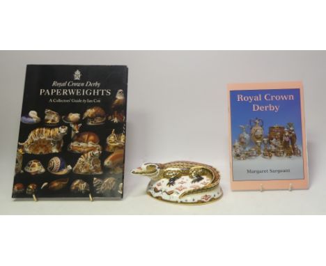 Boxed Royal Crown Derby Paperweight Crocodile. 21st Anniversary Gold Stopper. Includes a Royal Crown Derby Collectors Guide a