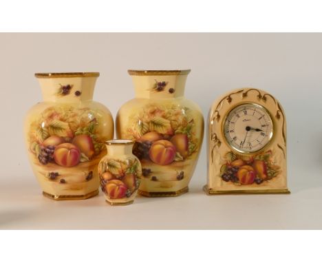 Aynsley Orchard Gold including Mantle Clock 15cm Tall ,Two Vases 18cm Tall and One Small Vase 8cm Tall (4)