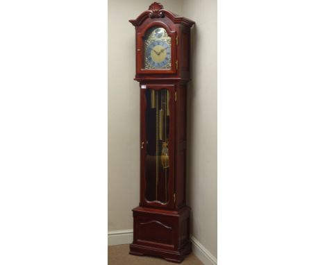 Reproduction mahogany longcase clock, twin weight driven movement, quarter chiming on rods, H196cm   Condition Report   Click