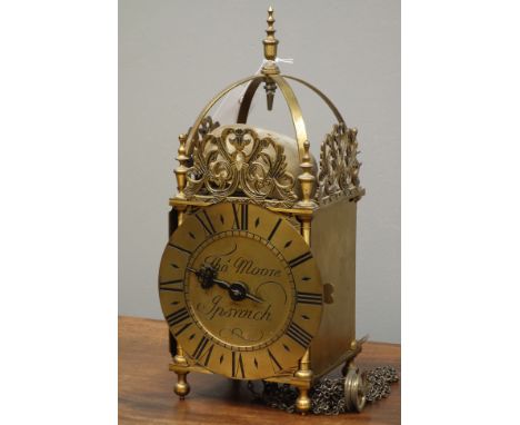 18th century style brass lantern clock, dial signed for 'Thomas Moore, Ipswich', H37cm   Condition Report   Click here for fu