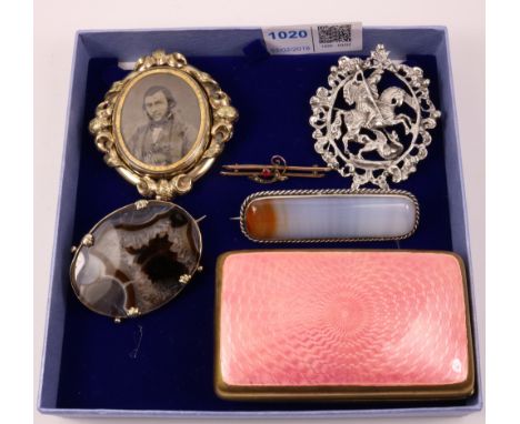 19th century continental engine turned gilt and enamel card case and silver brooch George and the dragon stamped 800; Victori