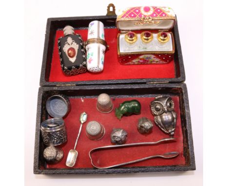 Limoges scent bottles, thimble holder, silver thimbles, cylindrical embossed box, model owls etc   Condition Report   Click h