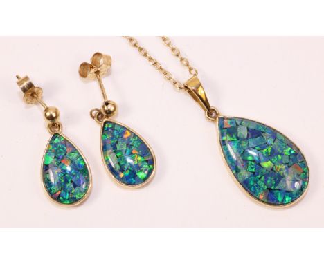 9ct gold opal mosaic triplet pendant on necklace and matching ear-rings both hallmarked   Condition Report   Click here for f