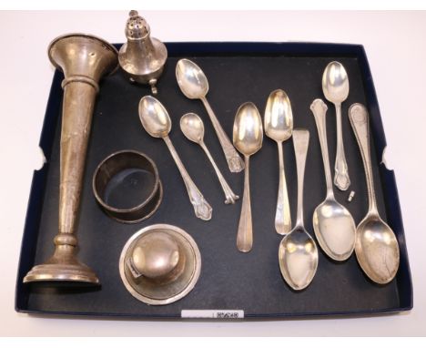 Various hallmarked silver flatware approx 5.5oz and weighted silver inkwell and posy vase   Condition Report   Click here for