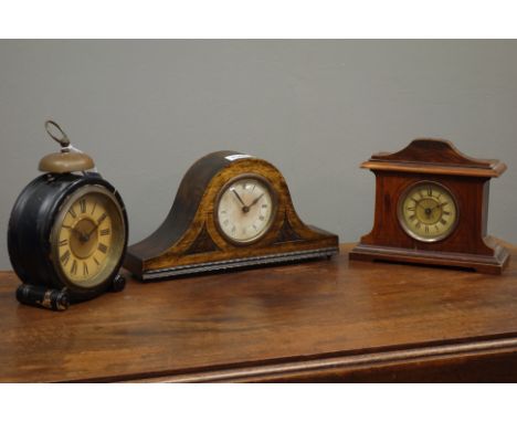Late 19th century ebonised drum alarm clock and two other mantel clocks   Condition Report   Click here for further images, c