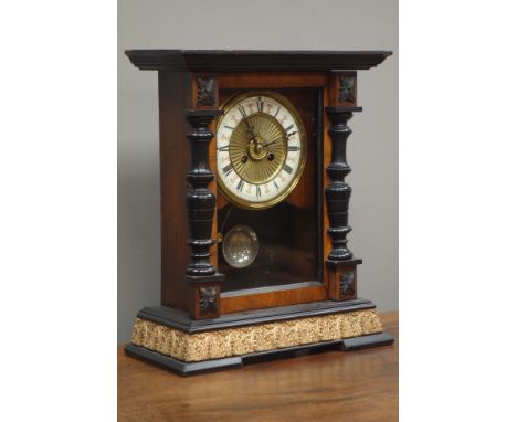 Late Victorian walnut and ebonised mantel alarm clock, twin train movement, H37cm   Condition Report   Click here for further