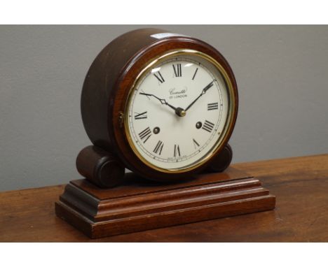 Reproduction mahogany 'Comitti' regency style drum head clock, striking on the hour and half on bell, H19cm   Condition Repor