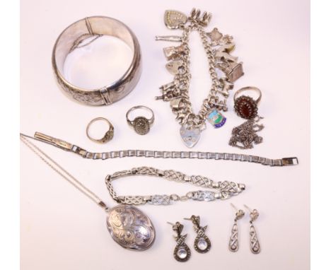Silver jewellery including charm bracelet, Mackintosh style bracelet and ear-rings, garnet ring, bangle etc hallmarked or sta