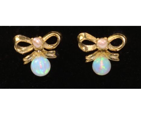 Pair of opal gold-plated bow ear-rings   Condition Report   Click here for further images, condition, auction times & deliver