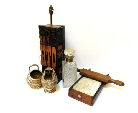 A 19th century pill maker, a silver mounted decanter, two plated Indian silver pots, and a printer block lamp