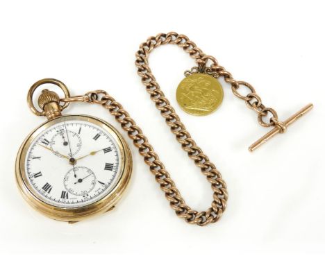 A rolled gold open faced pocket watch, white enamel dial with Arabic numerals, with two subsidiary dials, on a 9ct gold curb 