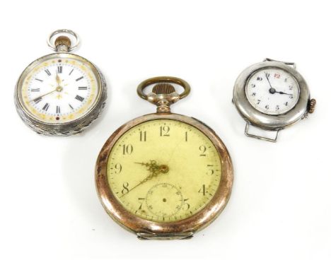 A silver open faced pocket watch, a Continental ladies silver pocket watch, with white enamel dial, and a silver ladies mecha
