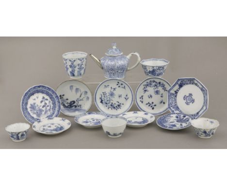 Tea wares, Kangxi and 18th century, five tea bowls; nine saucers, one soft paste, one saucer with collecter's label 'R&V TREG