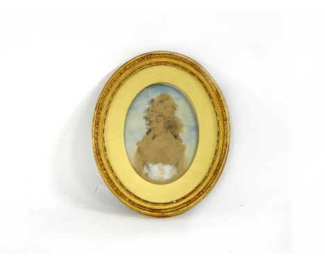 John Downman ARA (1750-1824)PORTRAIT OF A LADY, BELIEVED TO BE MISS GEORGINA FOSTER, WEARING A SASH AND A FOLDED HEADPIECEOva