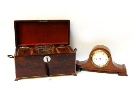 A 19th century mahogany tea caddy, and a mahogany mantel clock