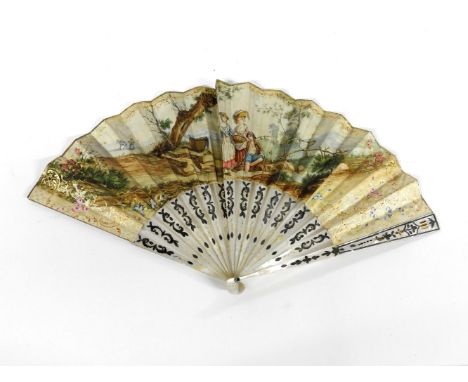 A 19th century mother of pearl and inlaid fan, hand painted with figures by a river, in a wooded landscape