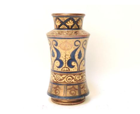 A Deruta style albarello with copper lustre and blue bands of decoration, 26cm