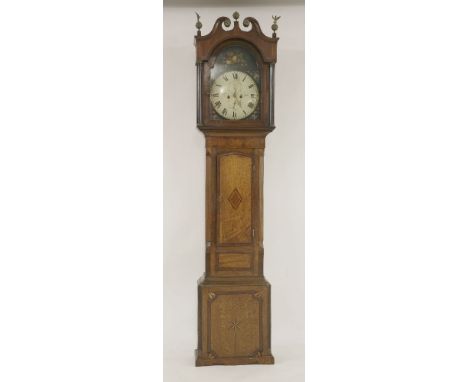 A 19th century oak longcase clock, the arched dial painted with flowers and signed 'J Davis, Leominster', the brass pendulum 