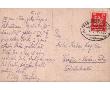 Treybal, Karel. Postalisch gelaufene schwarzweiße Postkarte mit eigenhändig geschriebenem Text in tschechischer Sprache von T