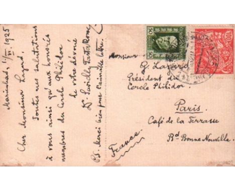 Tartakower, Savielly G. Postalisch gelaufene schwarzweiße Postkarte mit eigenhändig geschriebenem Text in französischer Sprac