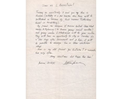 Botwinnik, Michail. Eigenhändig geschriebener Brief von Botwinnik an Herrn L. Bäckström in englischer Sprache, datiert „Mosco