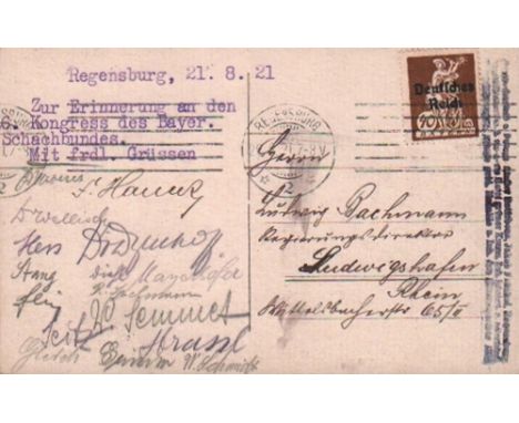 Regensburg 1921. Schwarzweiße, postalisch gelaufene Postkarte an Ludwig Bachmann zum 6. Kongress des Bayerischen Schachbundes